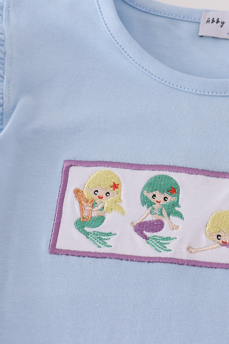 Purple stripe mermaid embroidery skorts set