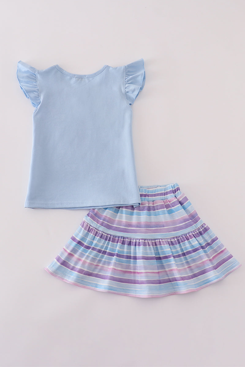 Purple stripe mermaid embroidery skorts set