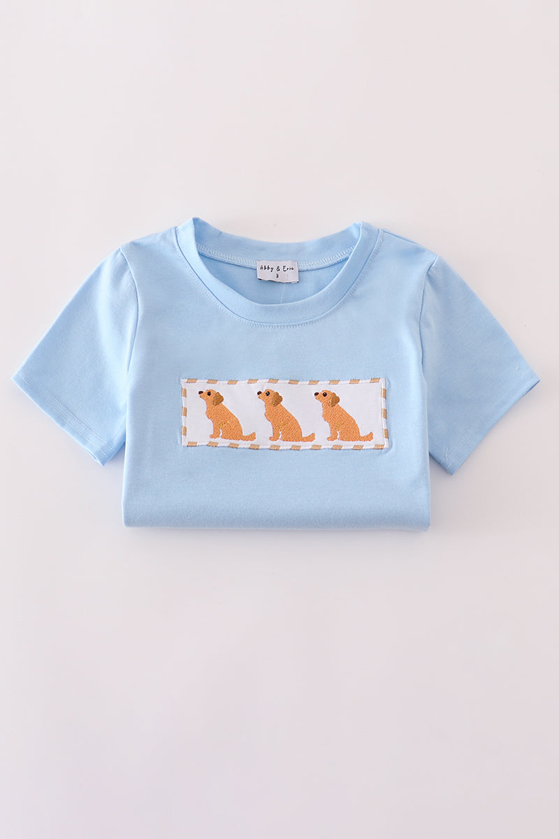 Beige puppy embroidery gingham shorts set
