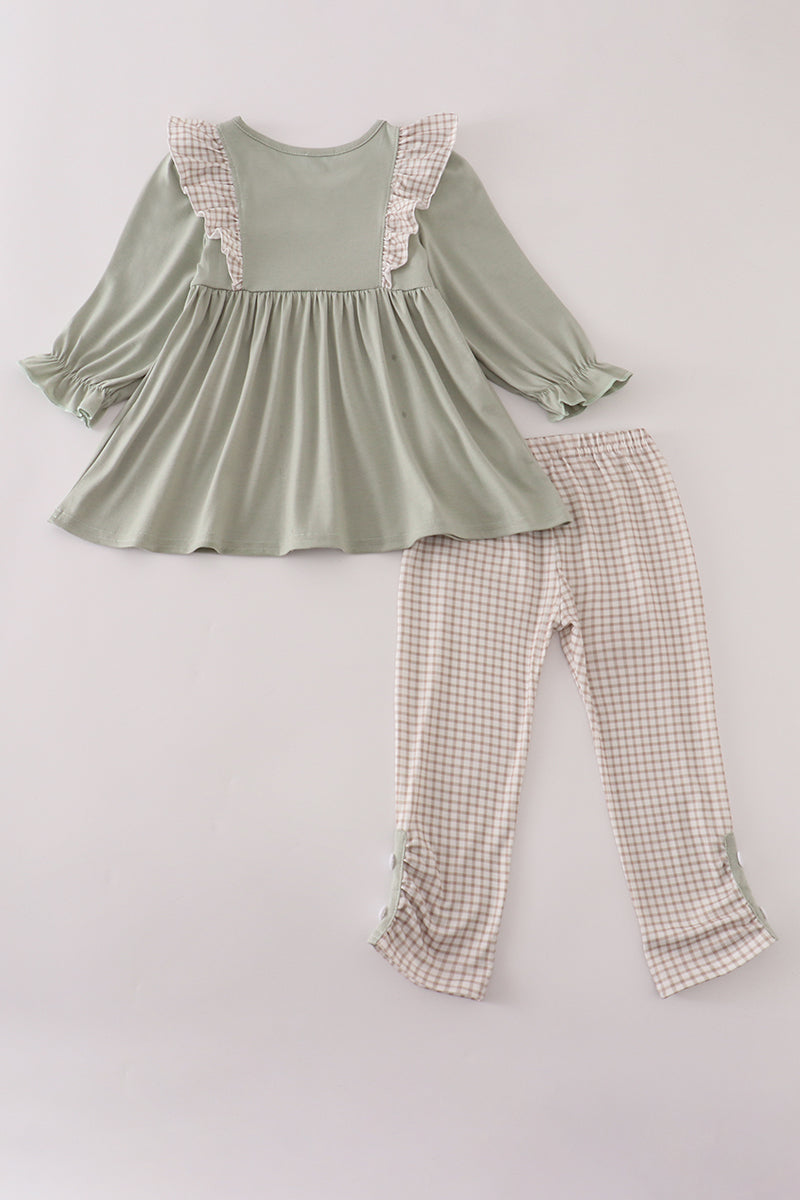 Blue dog deer embroidery ruffle pants set