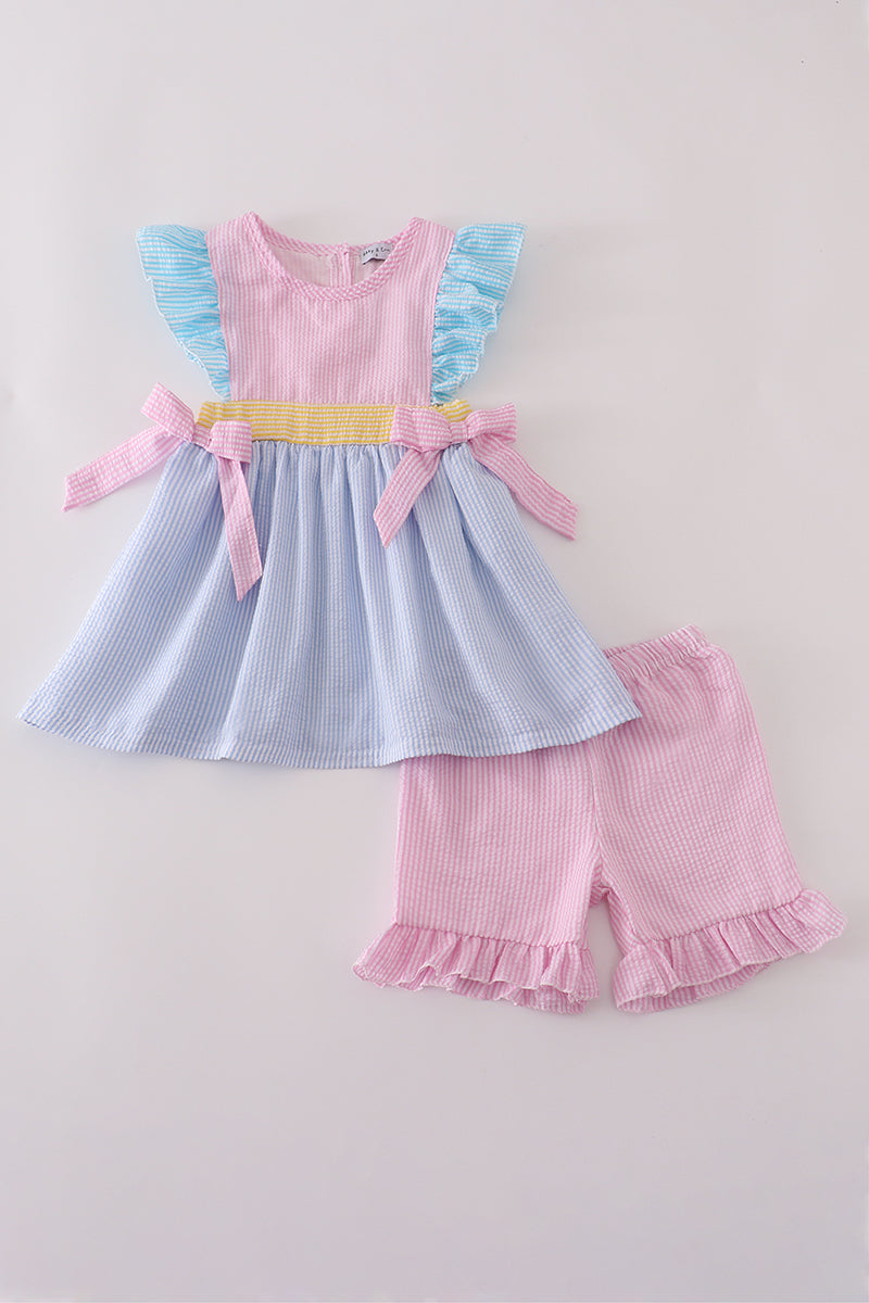 Multi seersucker stripe ruffle shorts set