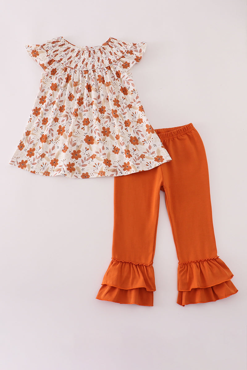 Fall floral print smocked ruffle pants set