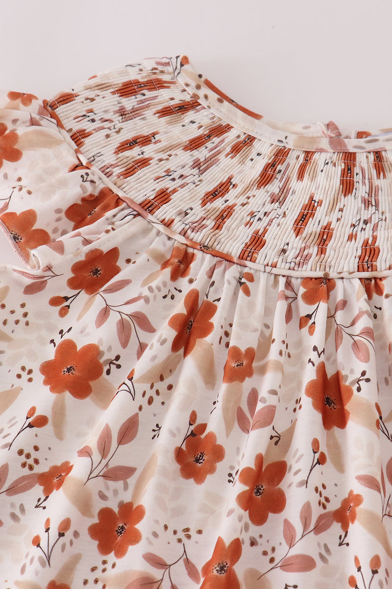 Fall floral print smocked ruffle pants set