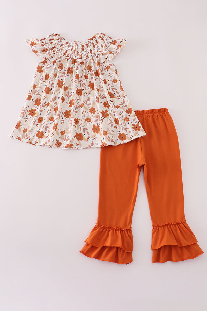 Fall floral print smocked ruffle pants set