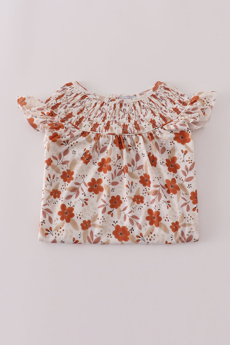 Fall floral print smocked ruffle pants set