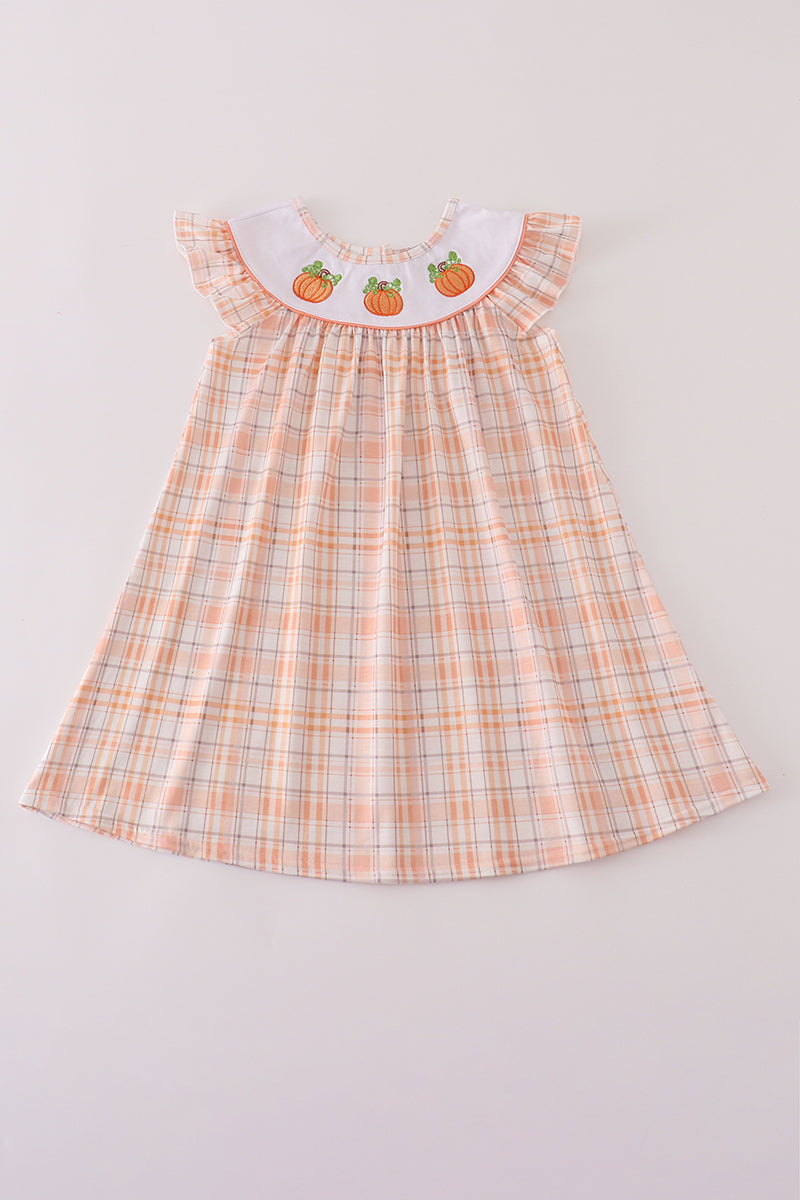 Orange pumpkin embroidery plaid dress