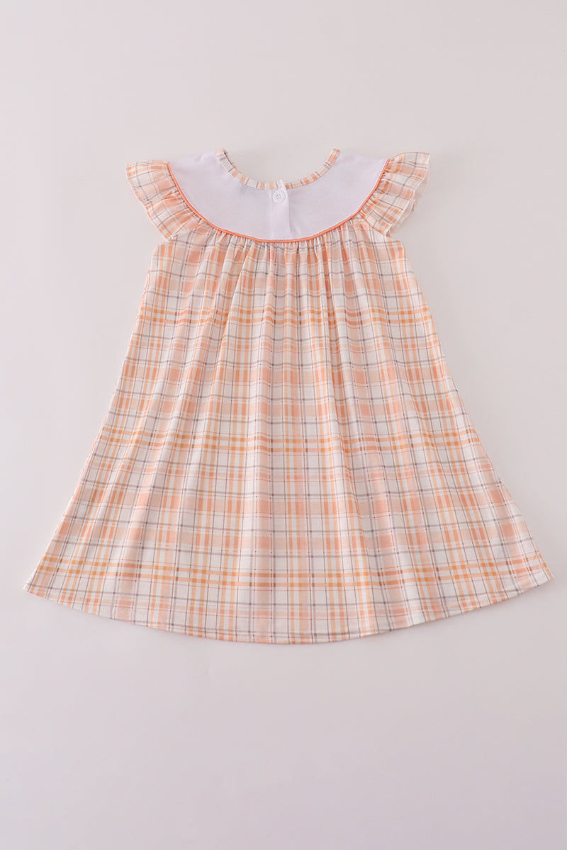 Orange pumpkin embroidery plaid dress