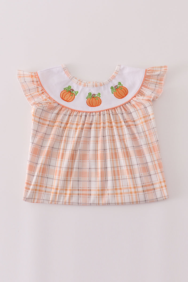 Orange pumpkin embroidery plaid dress