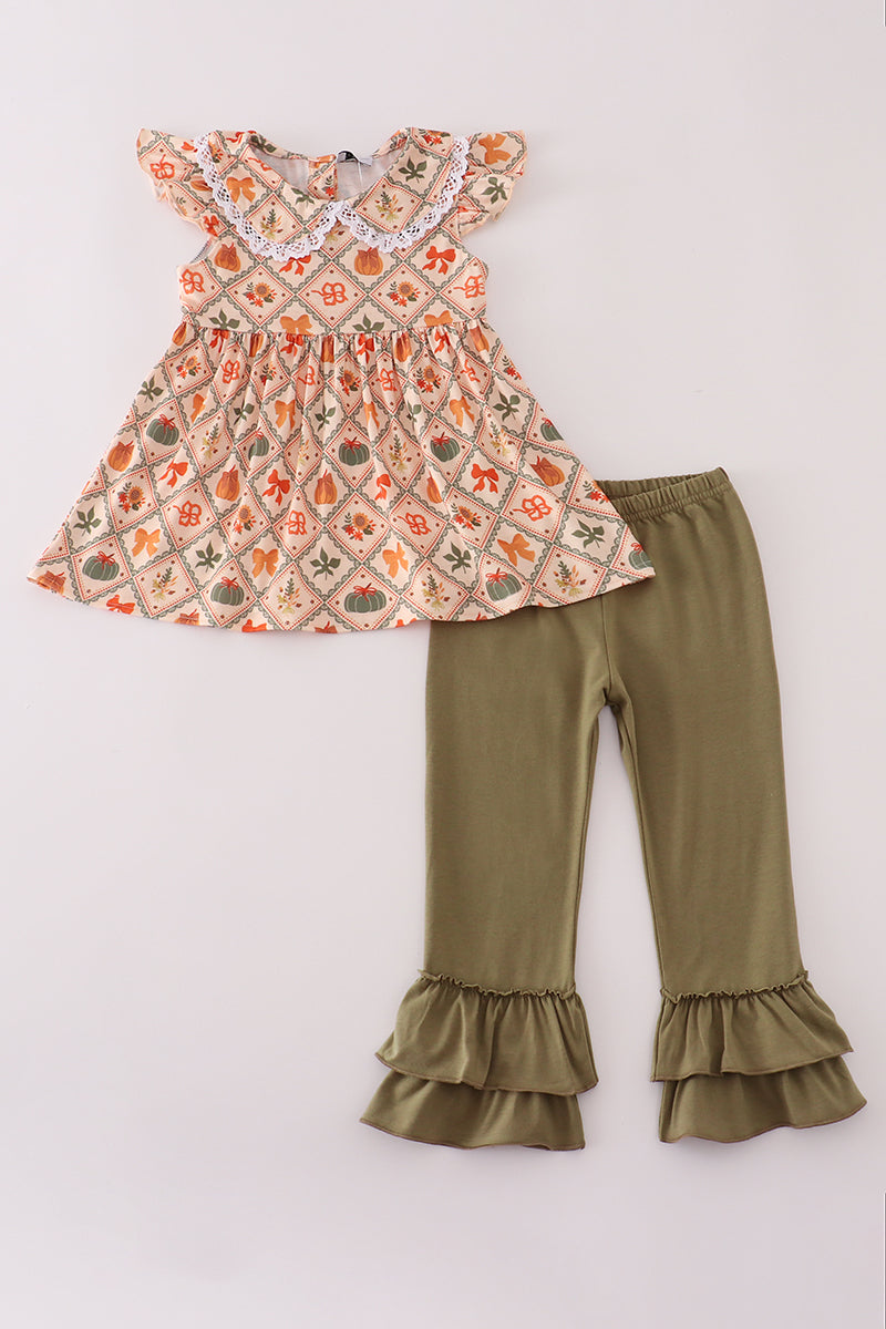 Green pumpkin bow print ruffle pants set