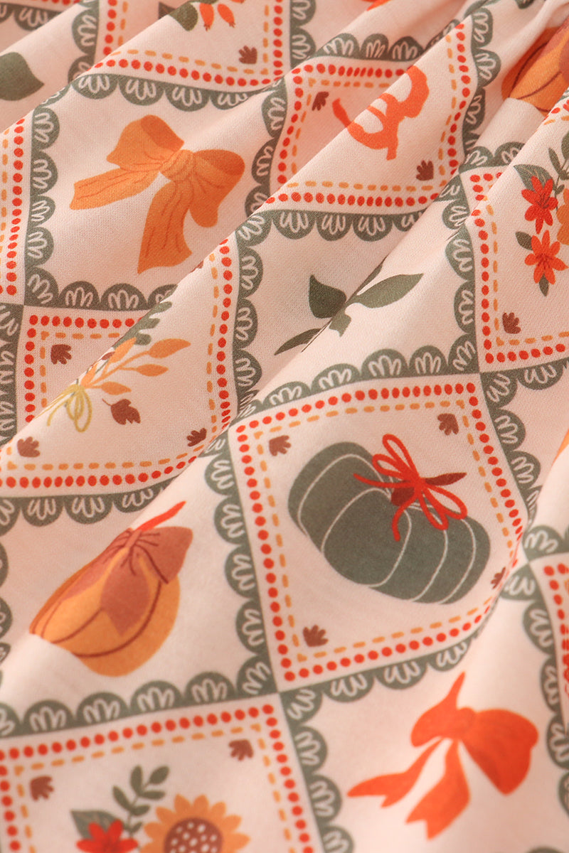 Green pumpkin bow print ruffle pants set