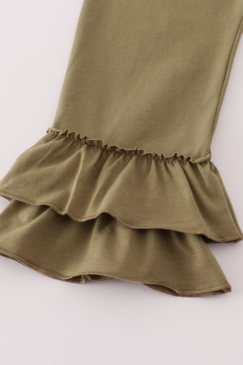 Green pumpkin bow print ruffle pants set