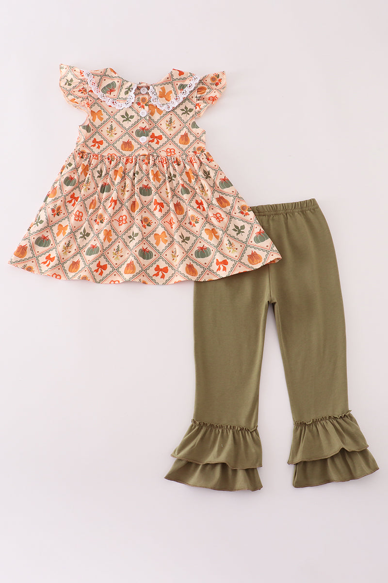 Green pumpkin bow print ruffle pants set
