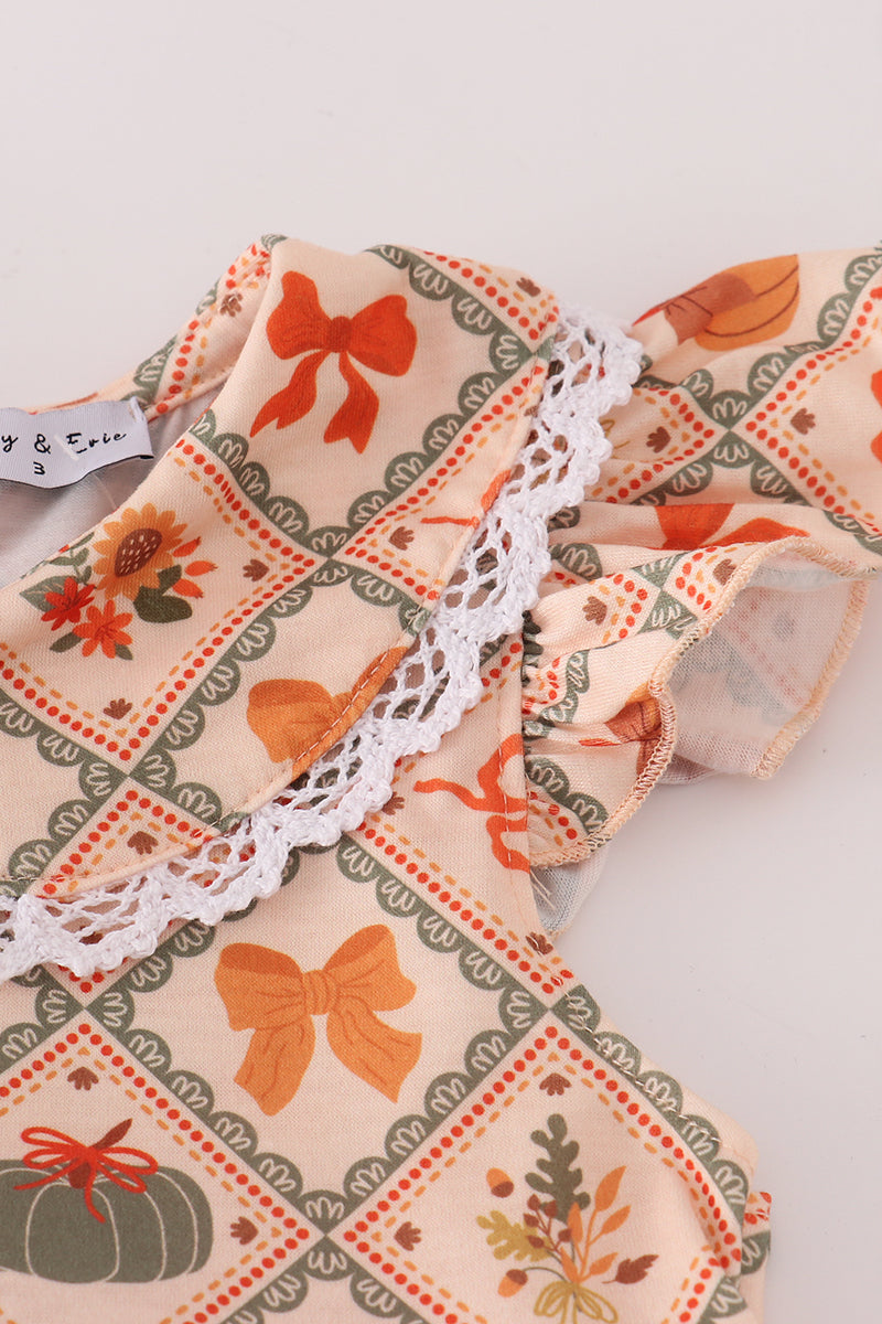 Green pumpkin bow print ruffle pants set