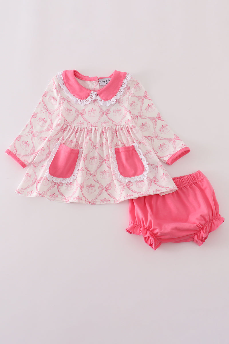 Pink bow tie pumpkin print bloomer set