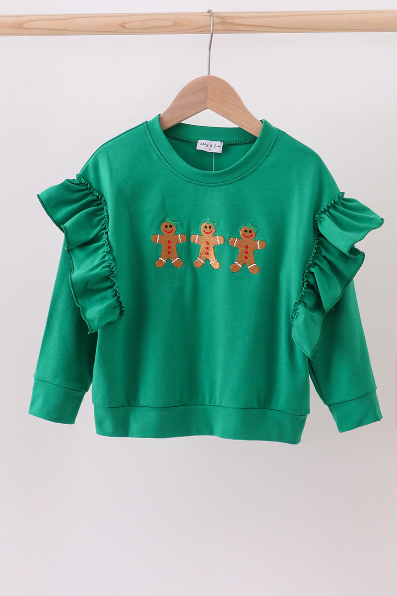 Green gingerbread embroidery ruffle top