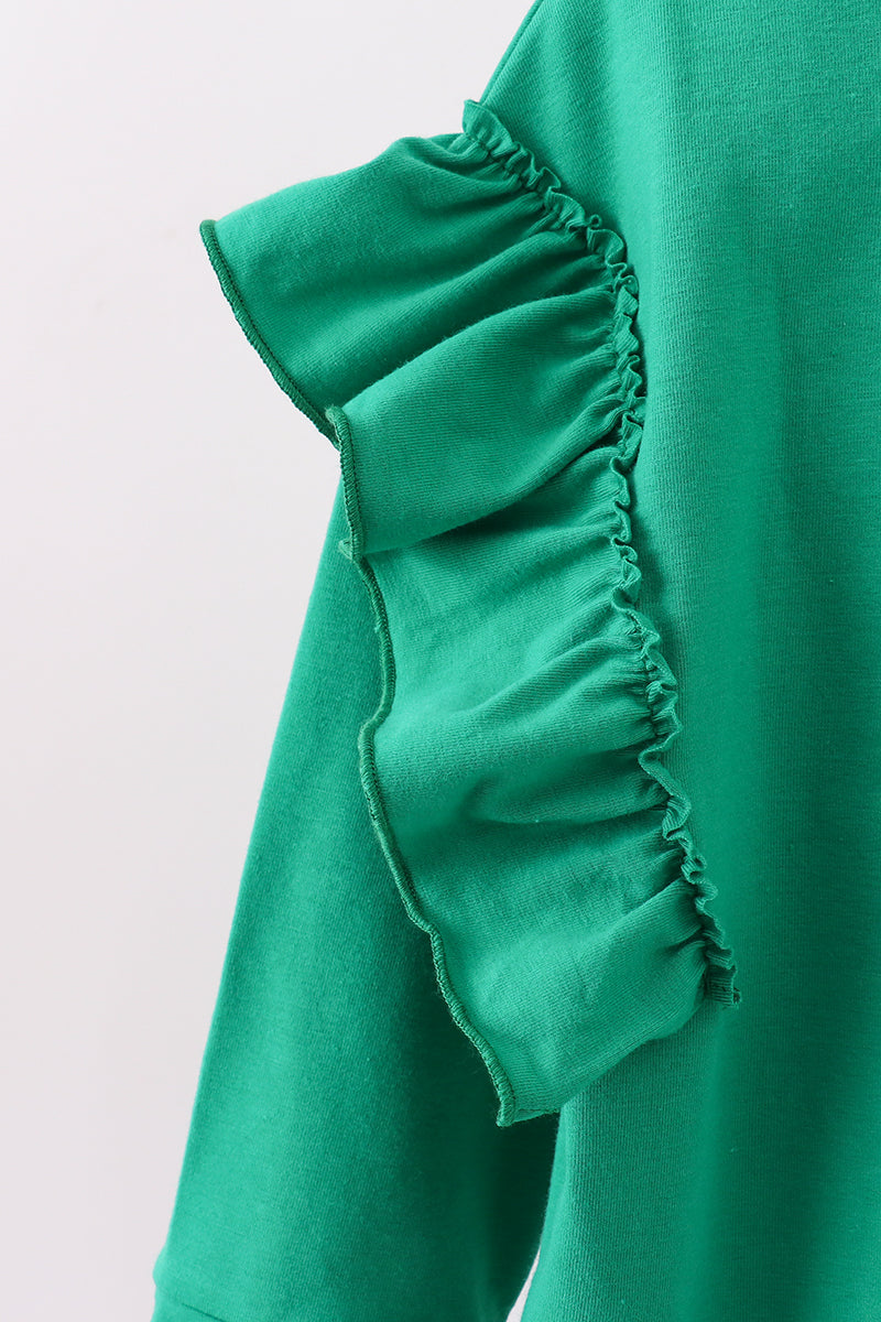 Green gingerbread embroidery ruffle top