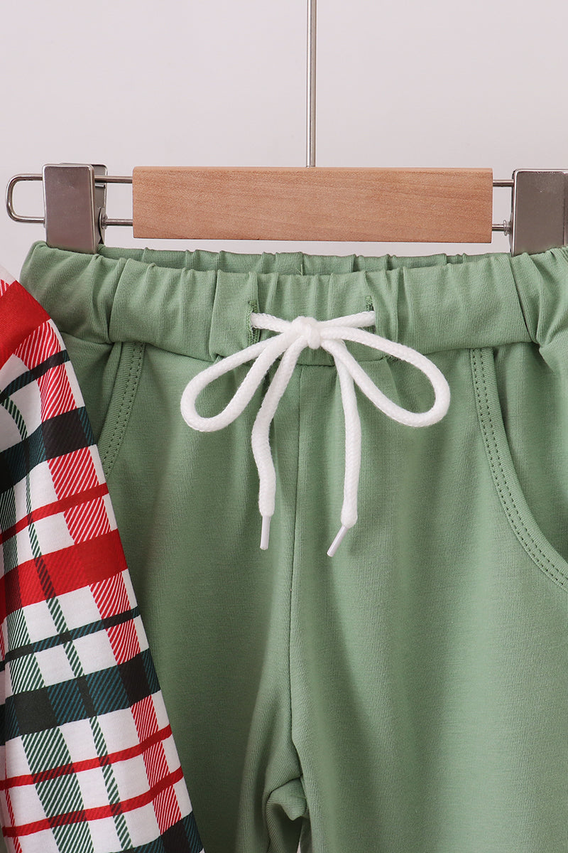 Green christmas reindeer applique pants set