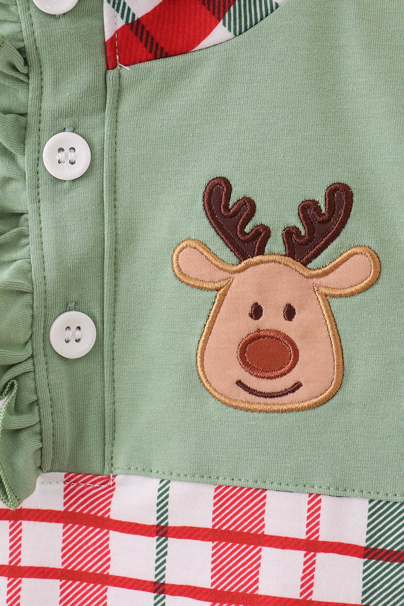 Green christmas reindeer applique pants set