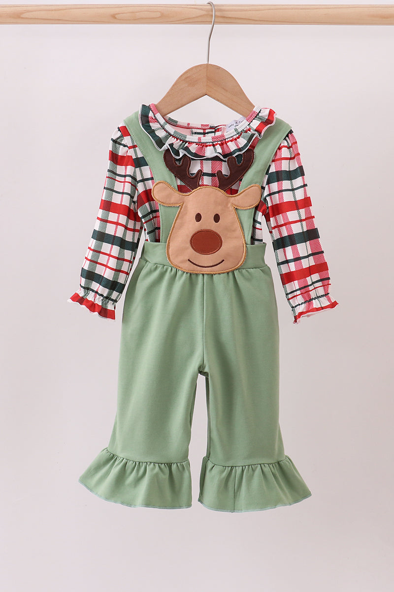 Green christmas reindeer applique ruffle jumpsuit set