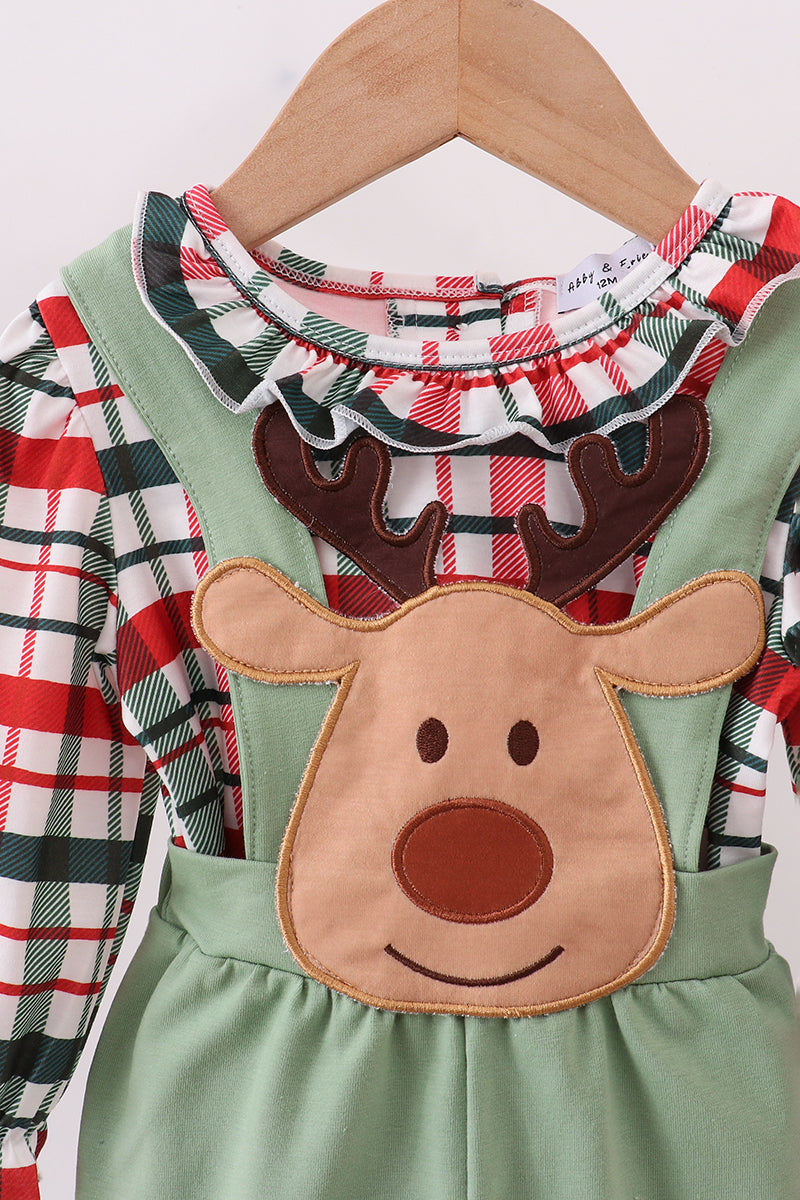 Green christmas reindeer applique ruffle jumpsuit set