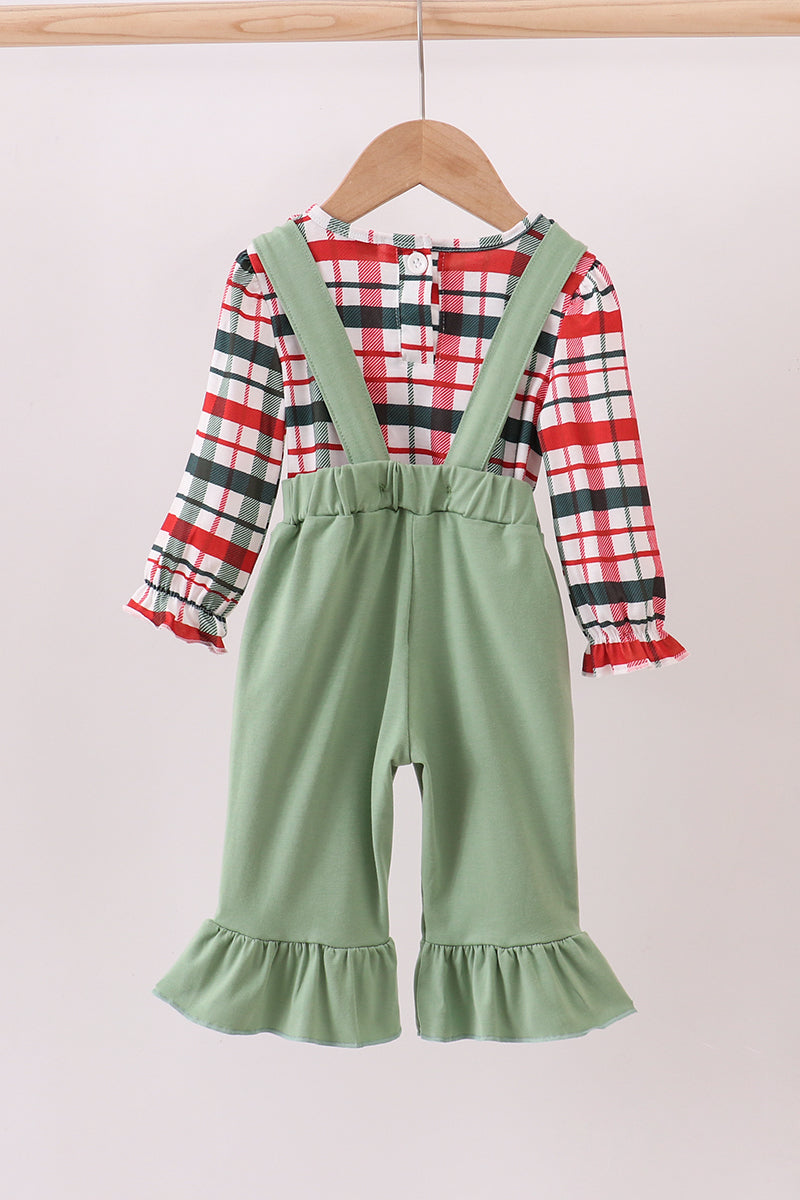 Green christmas reindeer applique ruffle jumpsuit set