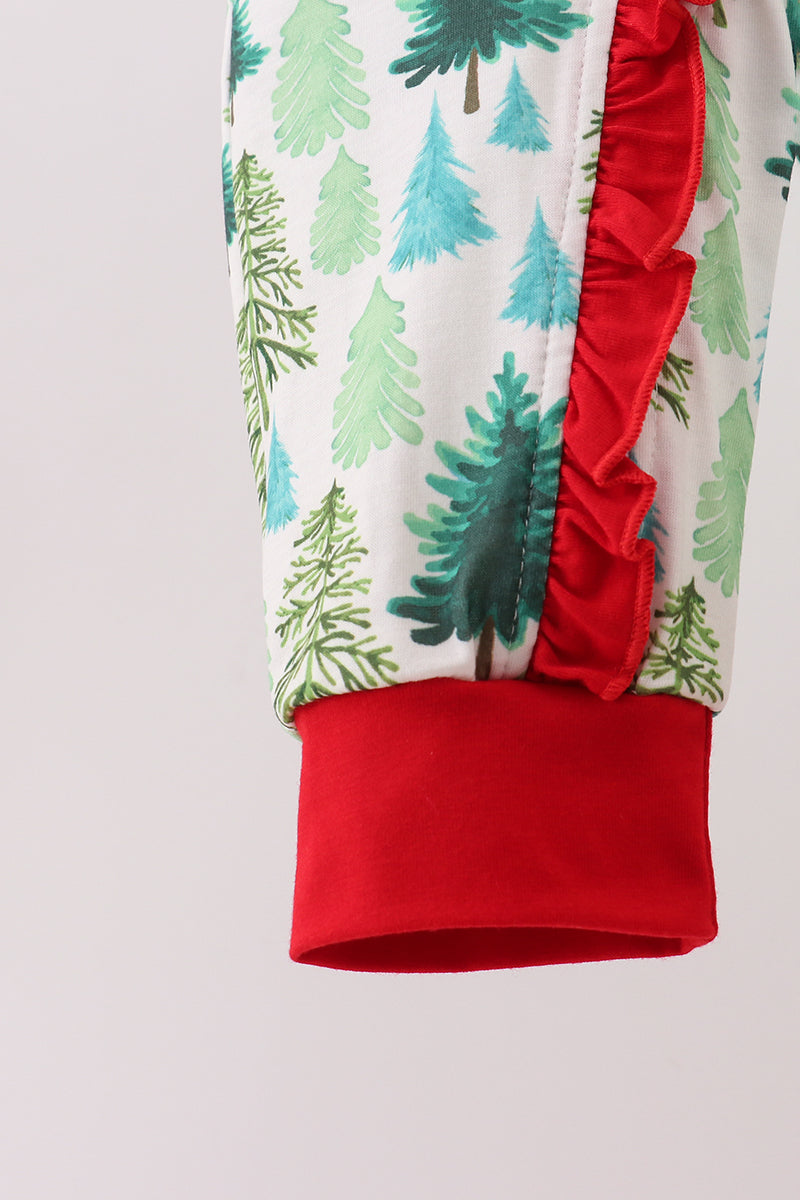Green christmas tree print ruffle romper