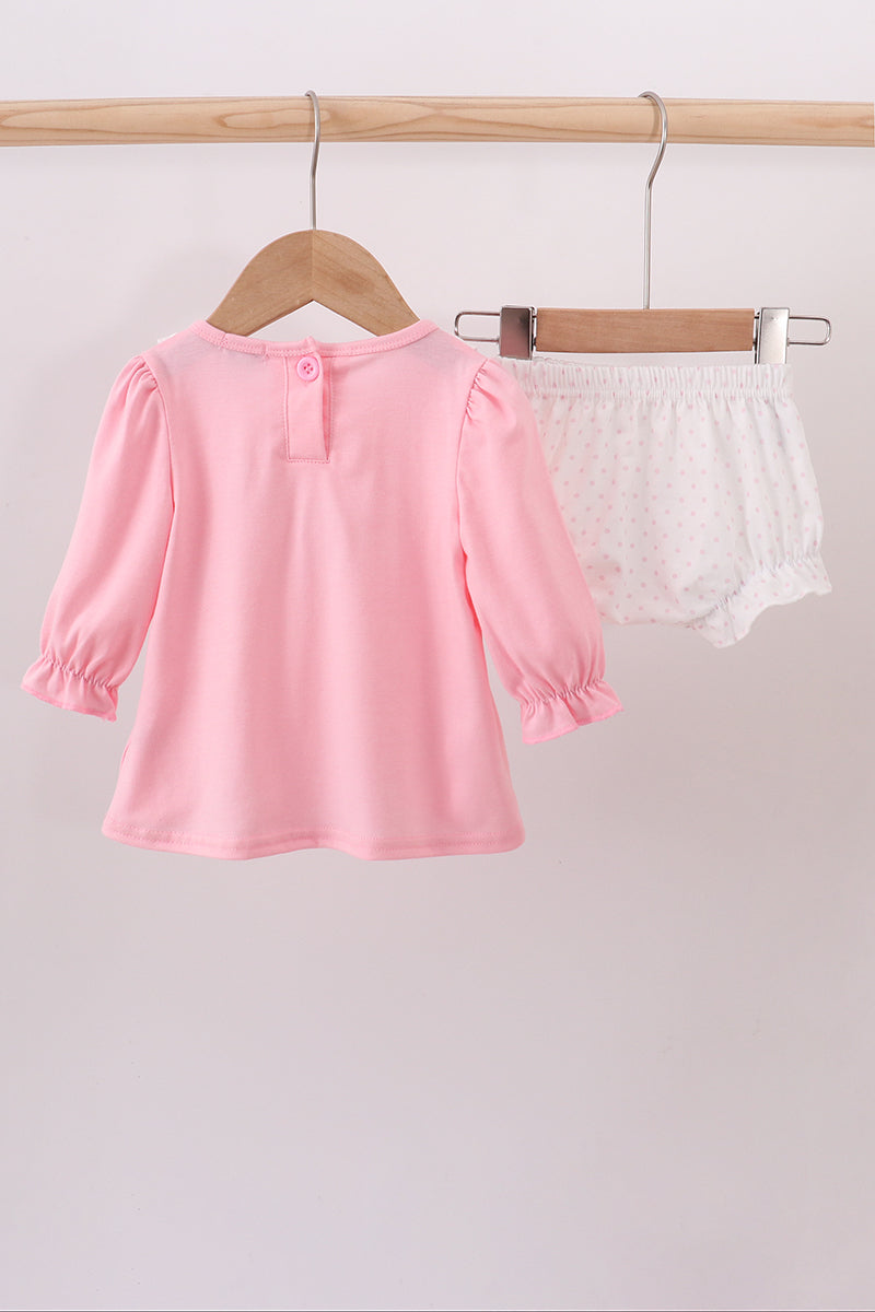 Pink bow embroidery ruffle bloomer set