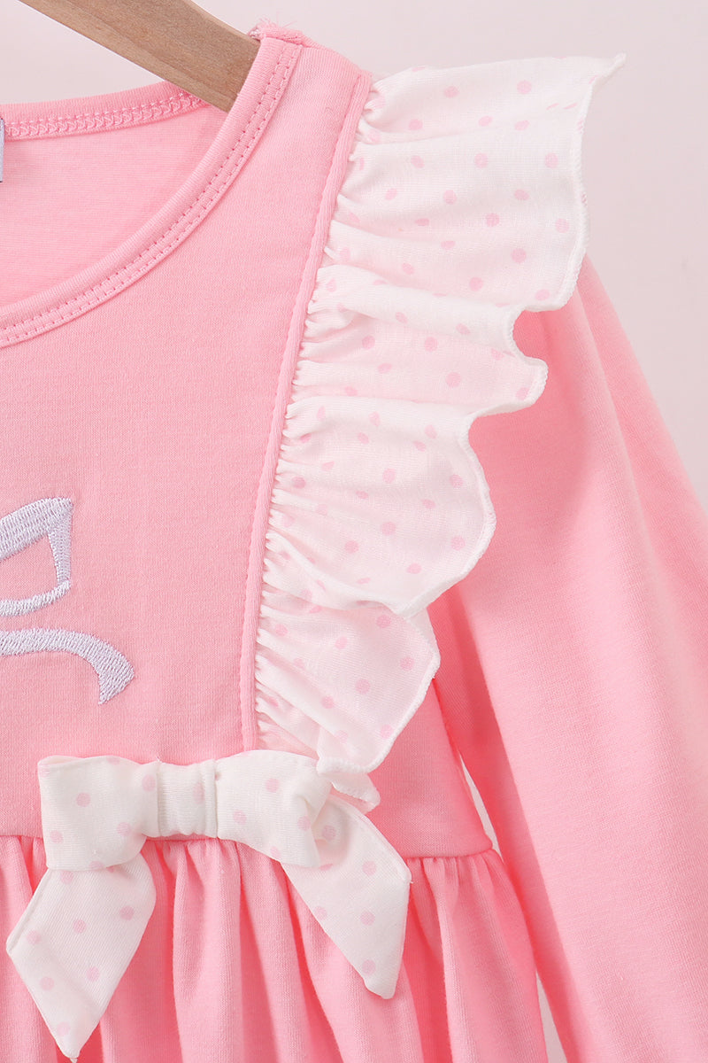 Pink bow embroidery ruffle dress