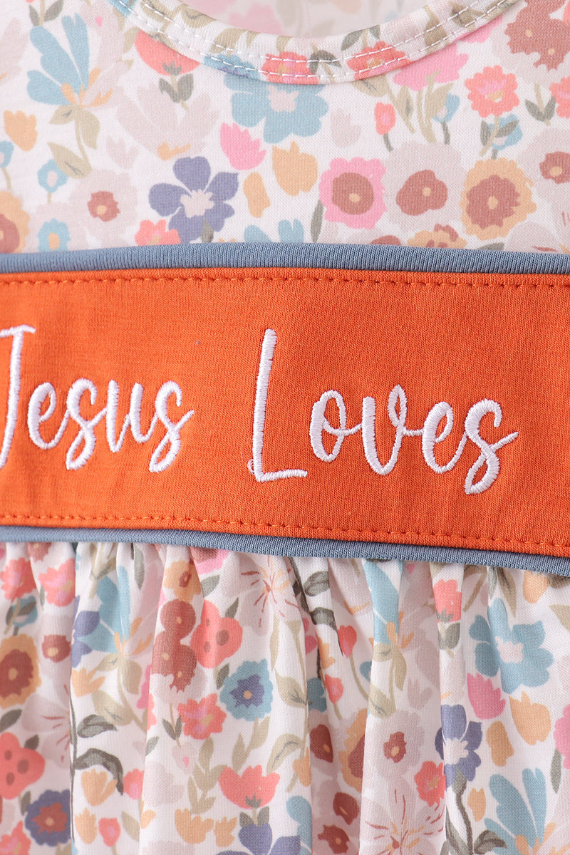 Jesus loves me embroidery floral print girl bloomers set