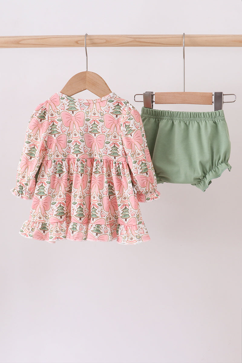 Green Christmas tree MAMA'S GIRL smocked bloomer set