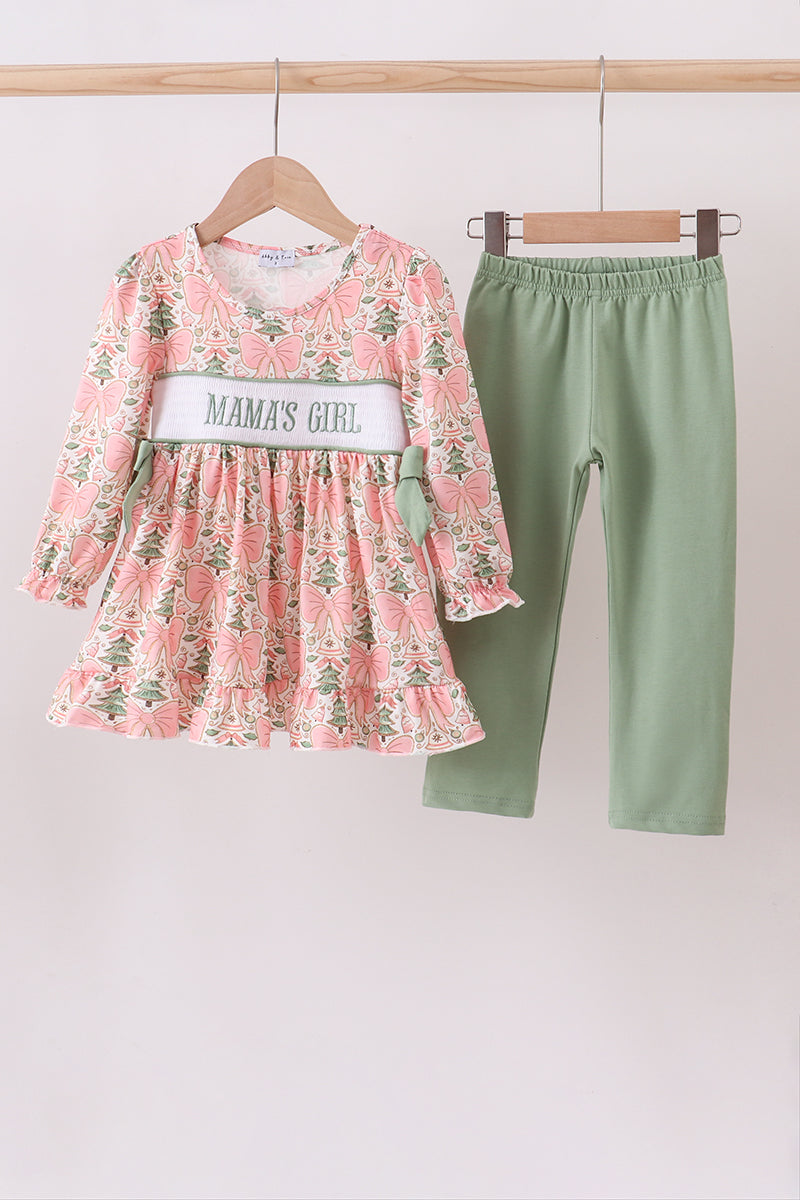 Green Christmas tree MAMA'S GIRL smocked ruffle dress set