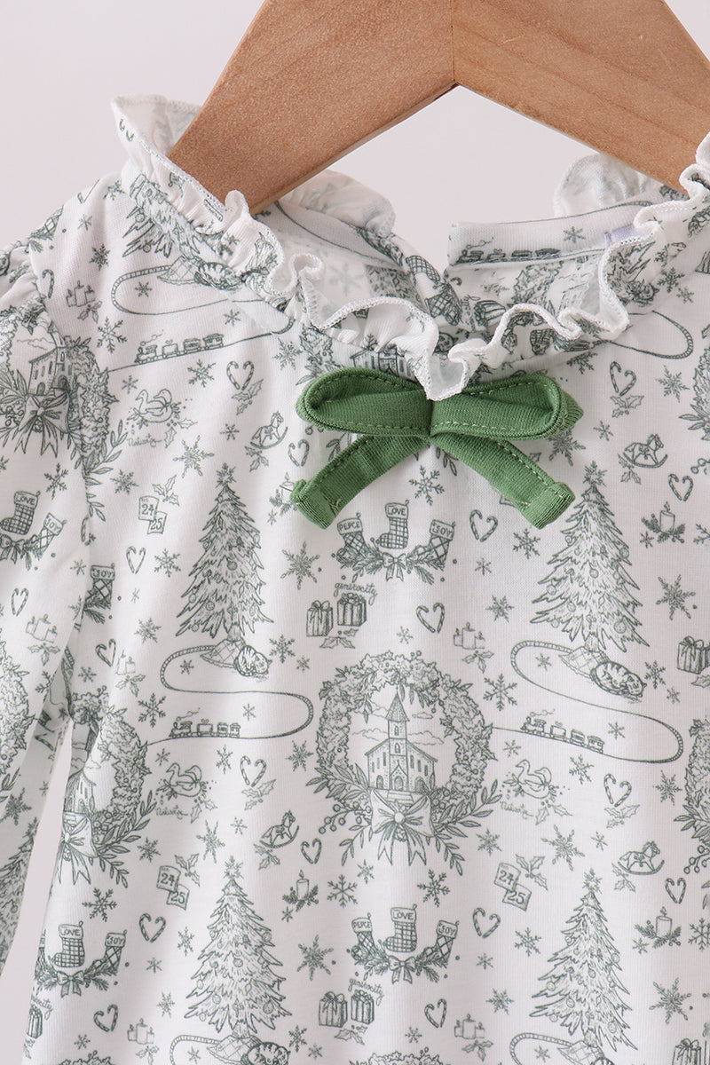 Green christmas tree print ruffle romper