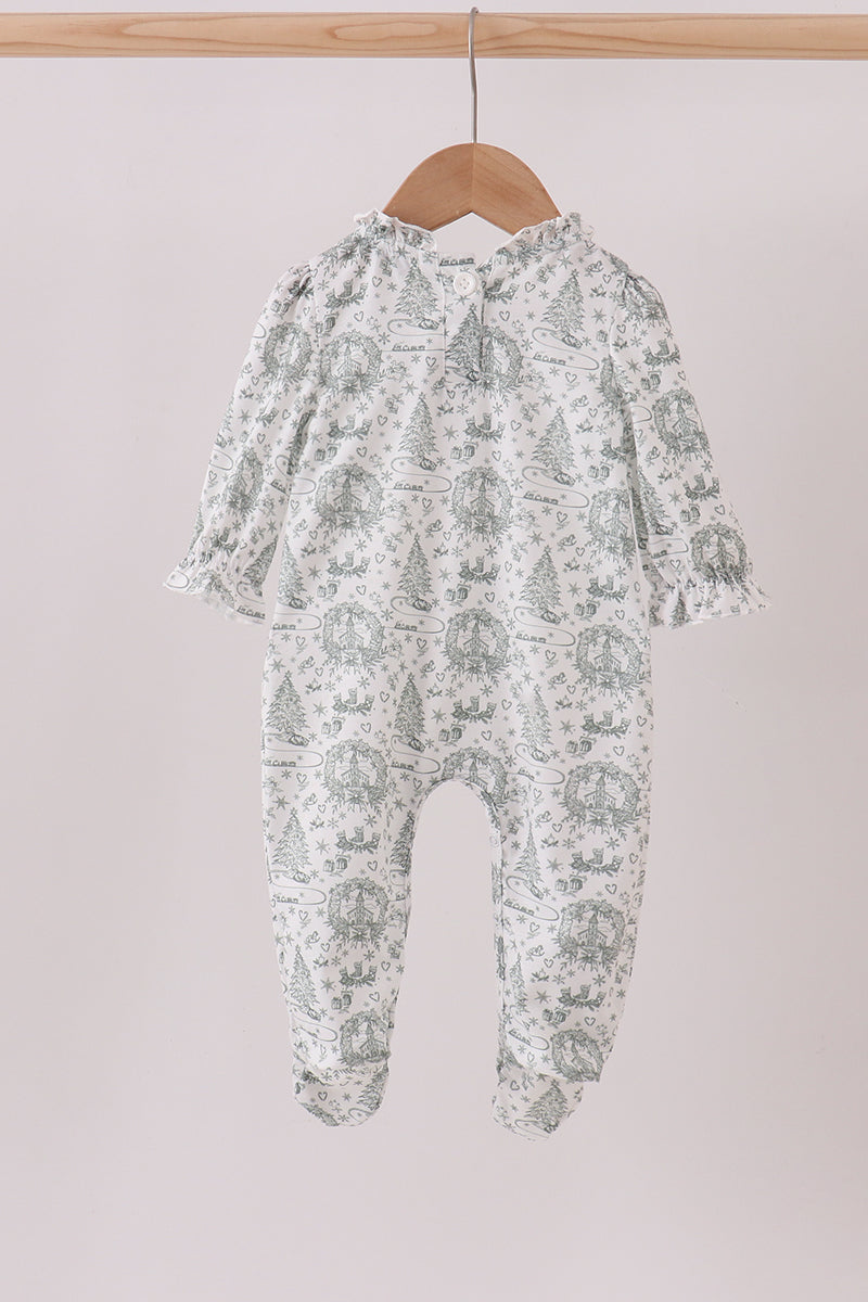 Green christmas tree print ruffle romper