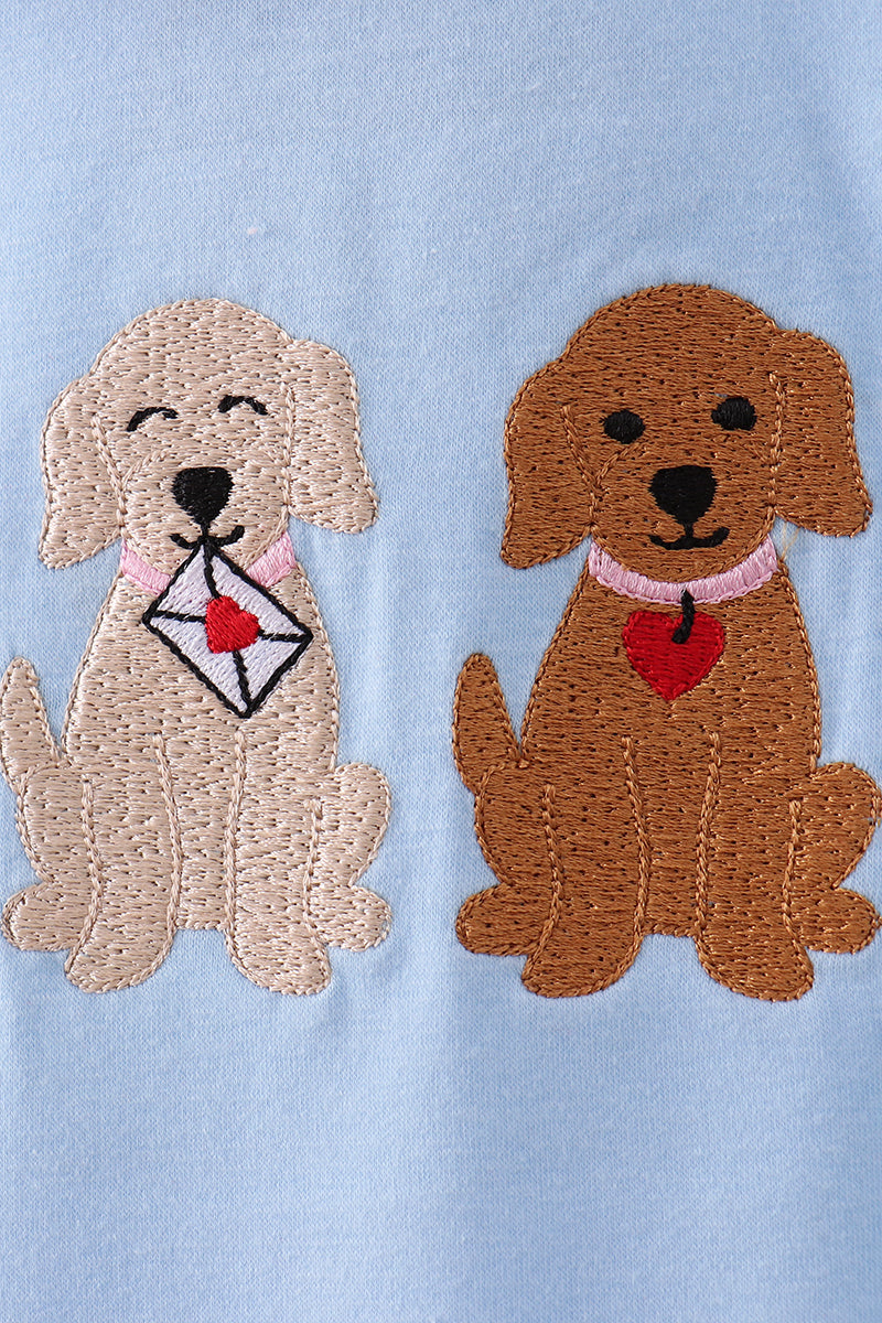 Blue puppy embroidery ruffle pants set