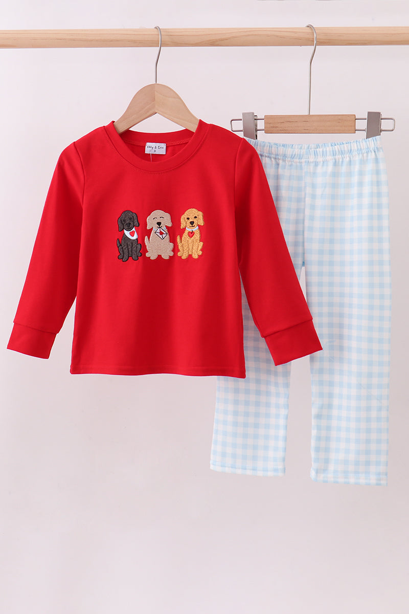 Red puppy embroidery gingham pants set
