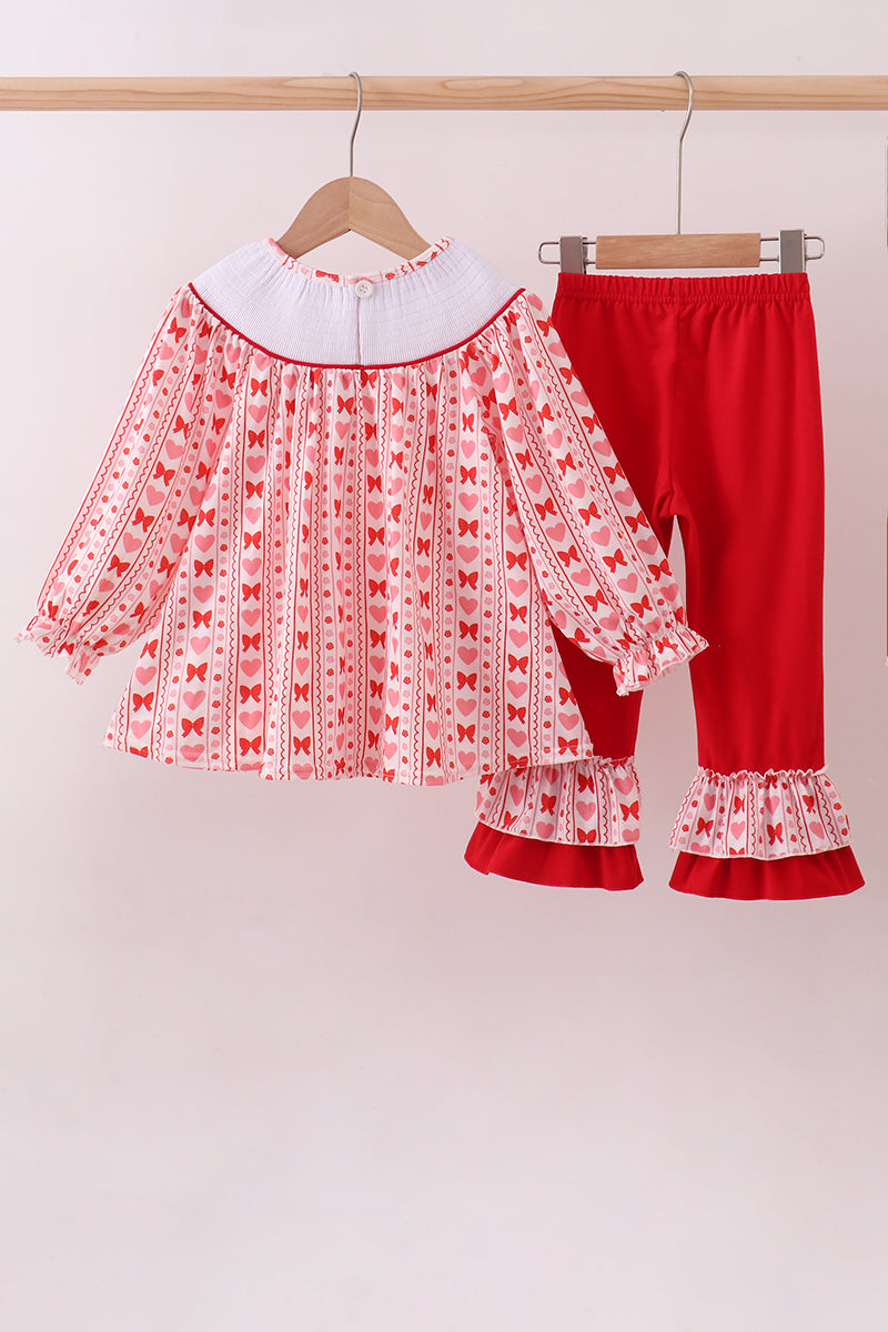 Red heart bow smocked ruffle pants set