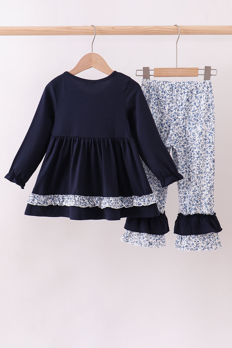 Navy heart floral applique ruffle pants set