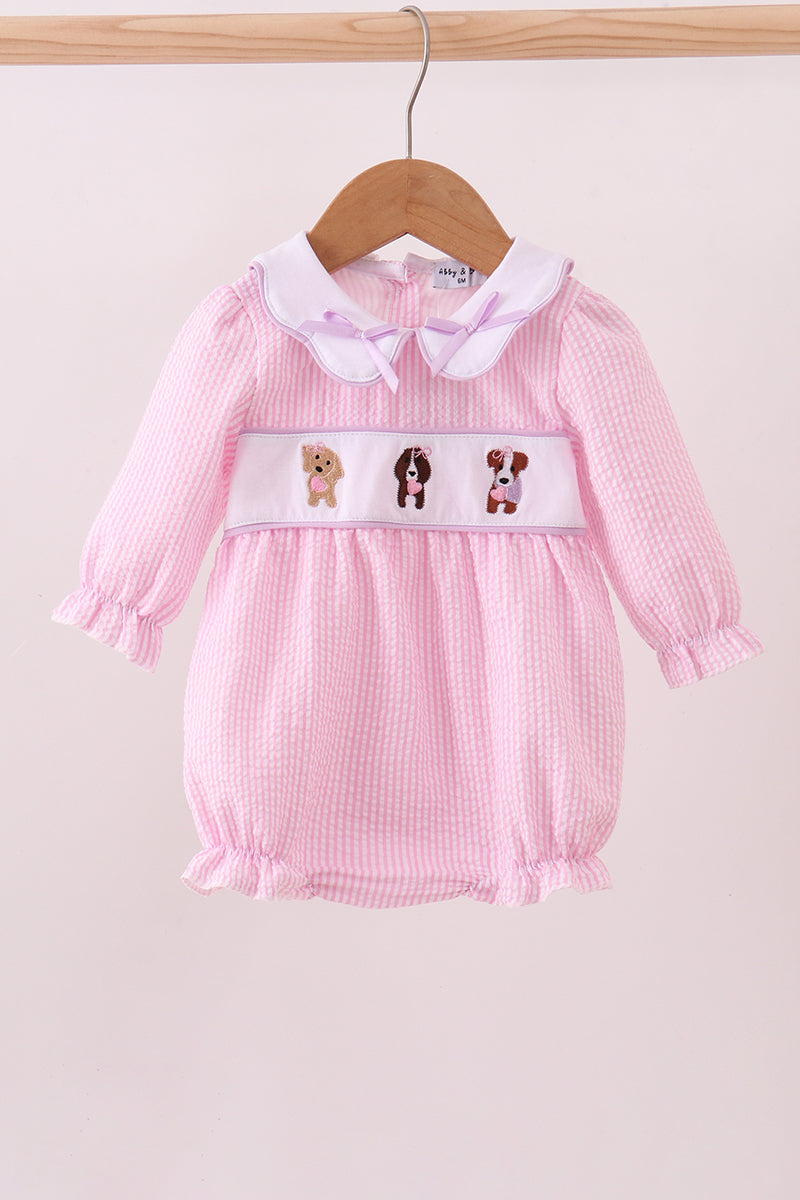 Pink puppy embroidery seersucker bubble
