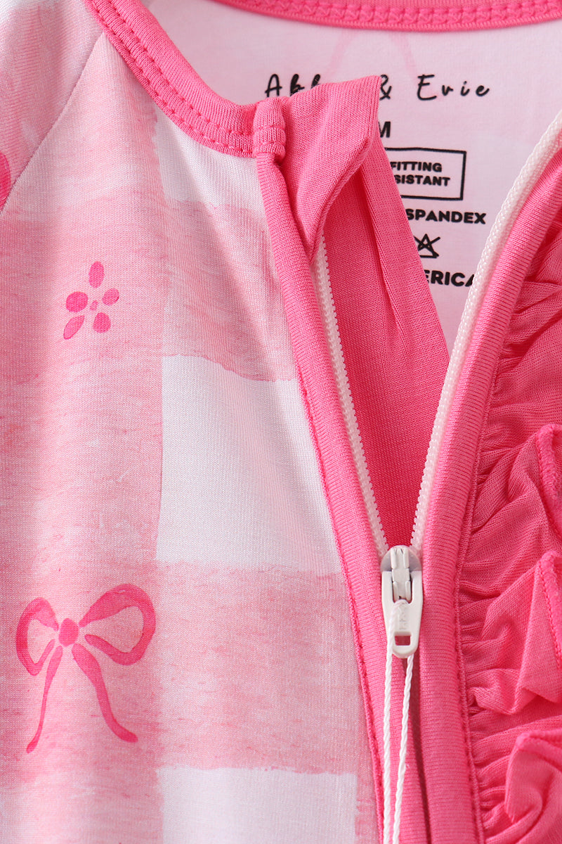 Pink heart checkered bamboo ruffle pajama zipper romper