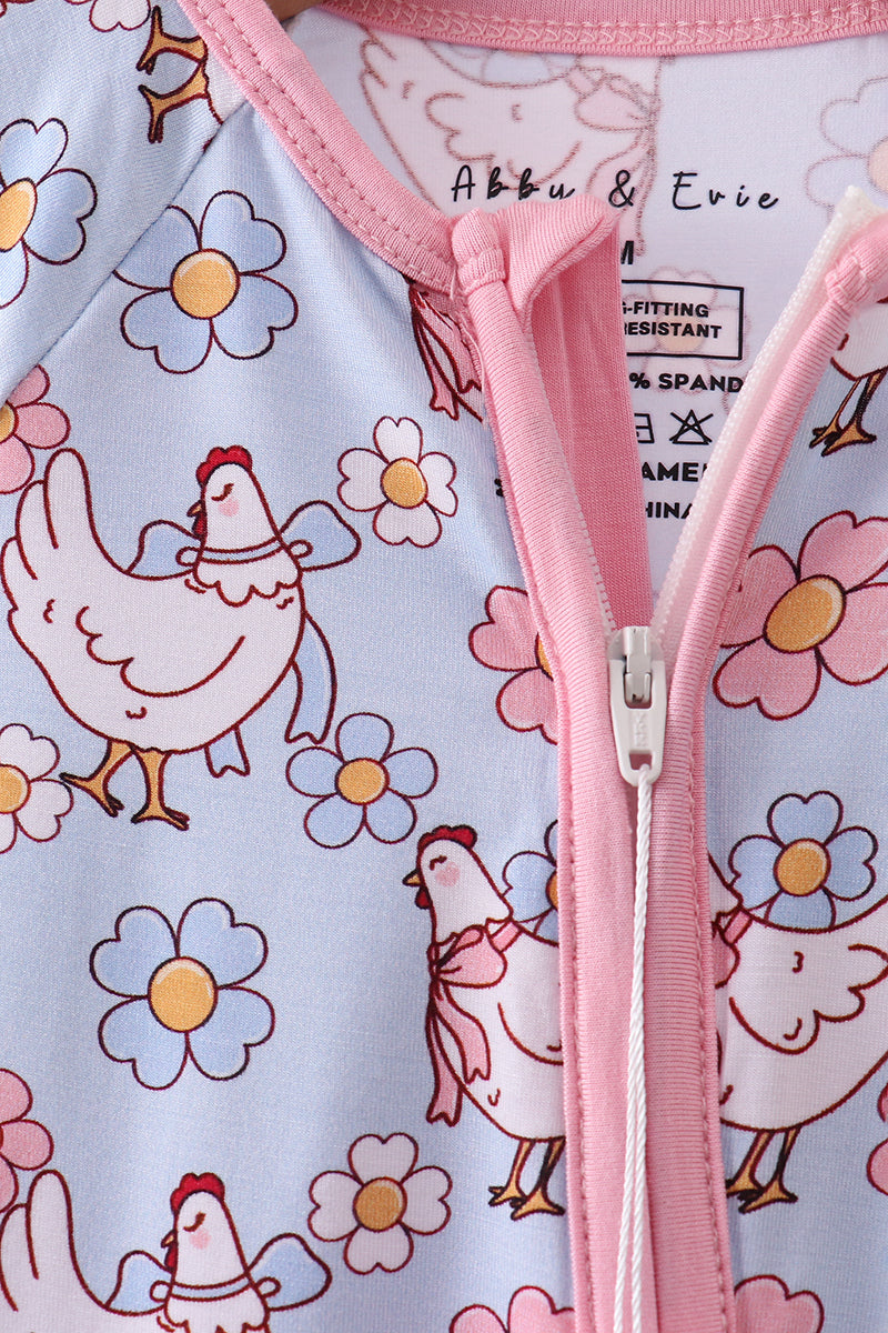 Blue chicken floral print pajama romper