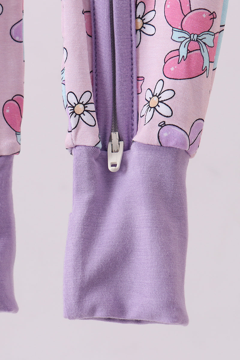 Purple balloon floral bamboo zipper romper