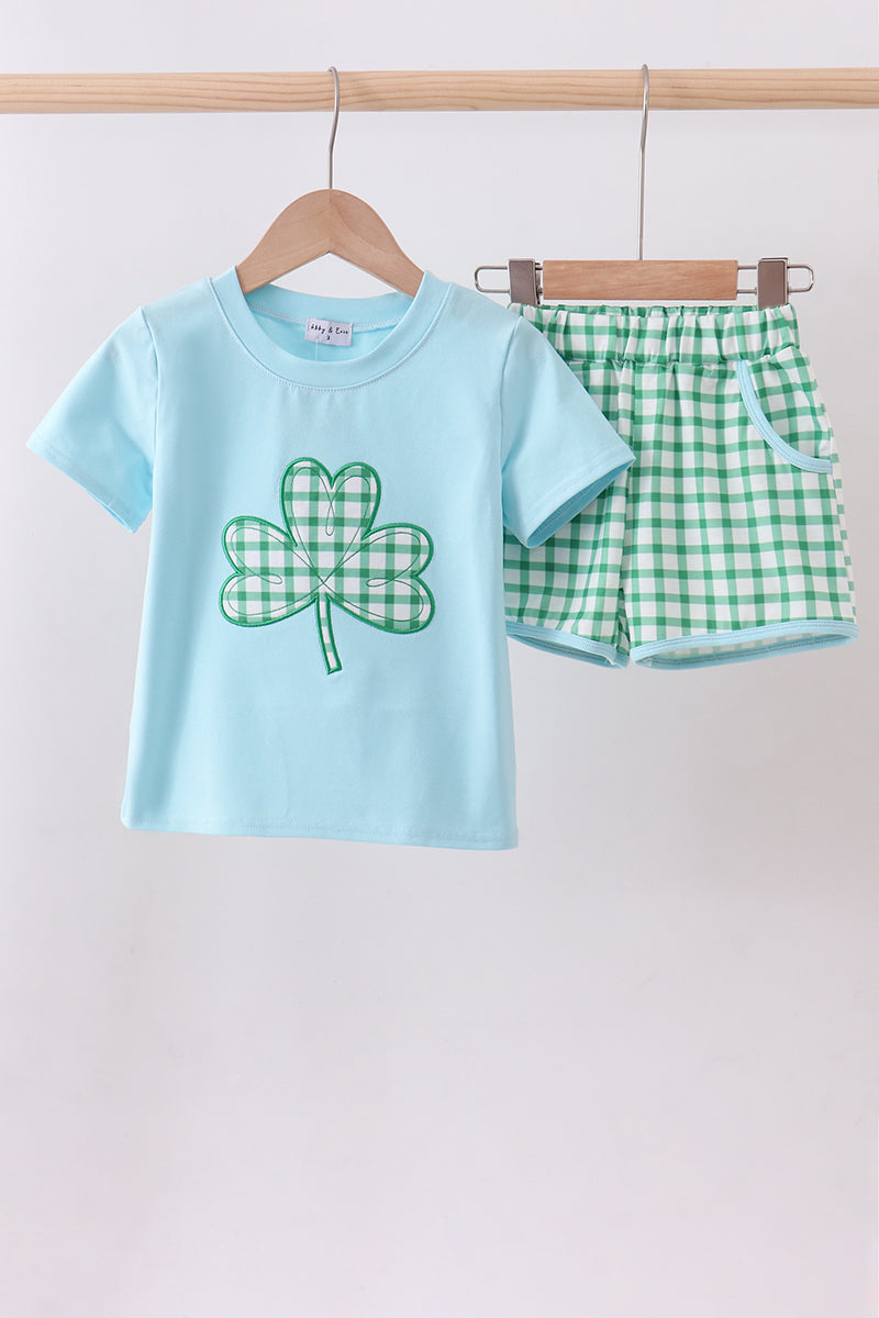 Blue clover applique shorts set