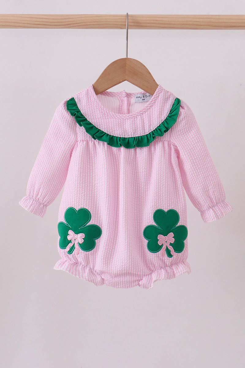 Pink clover applique seersucker bubble