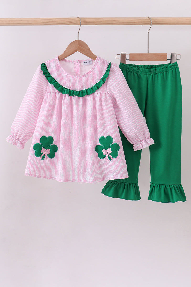 Pink clover applique seersucker pants set