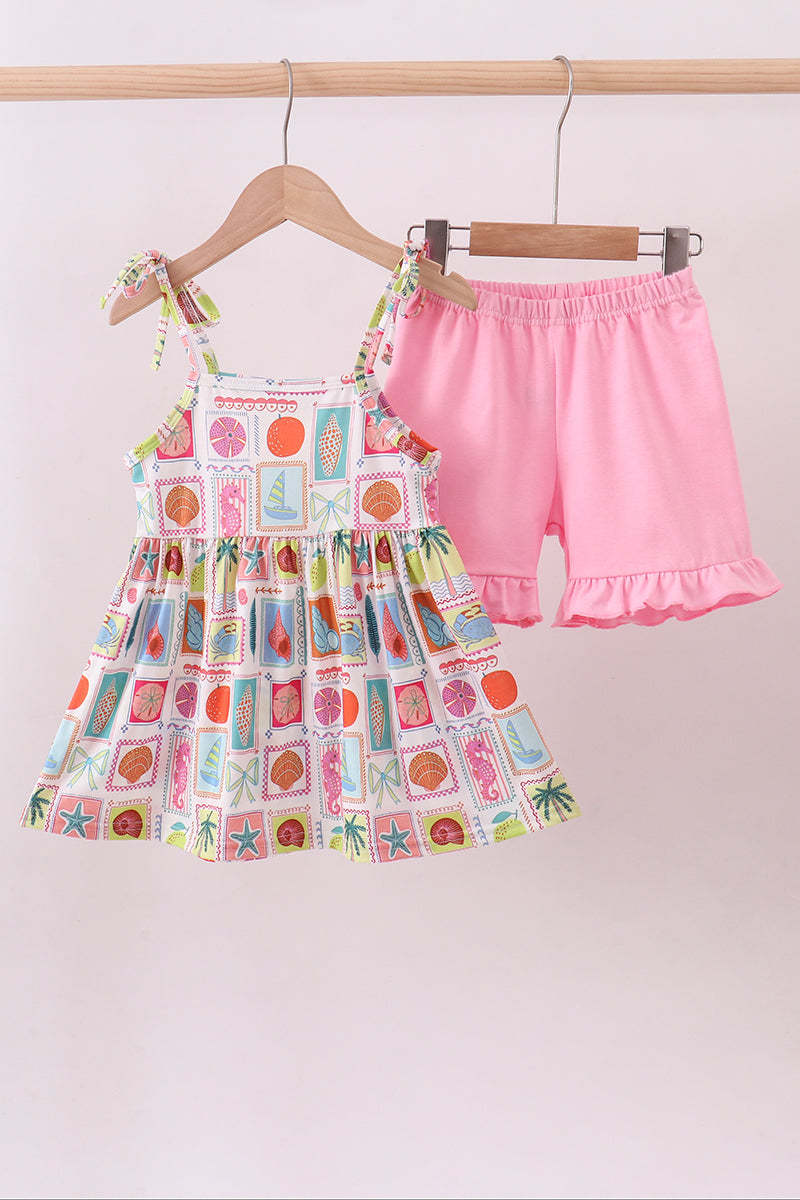 Pink enjoy beach ruffle shorts set