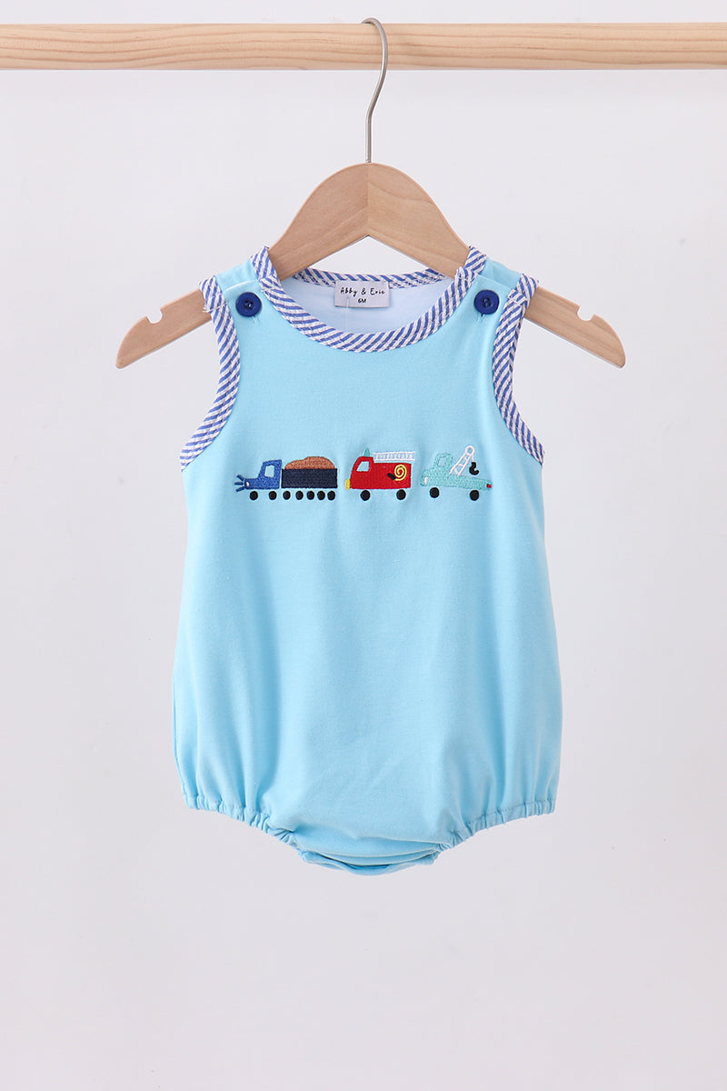Blue truck embroidery seersucker bubble