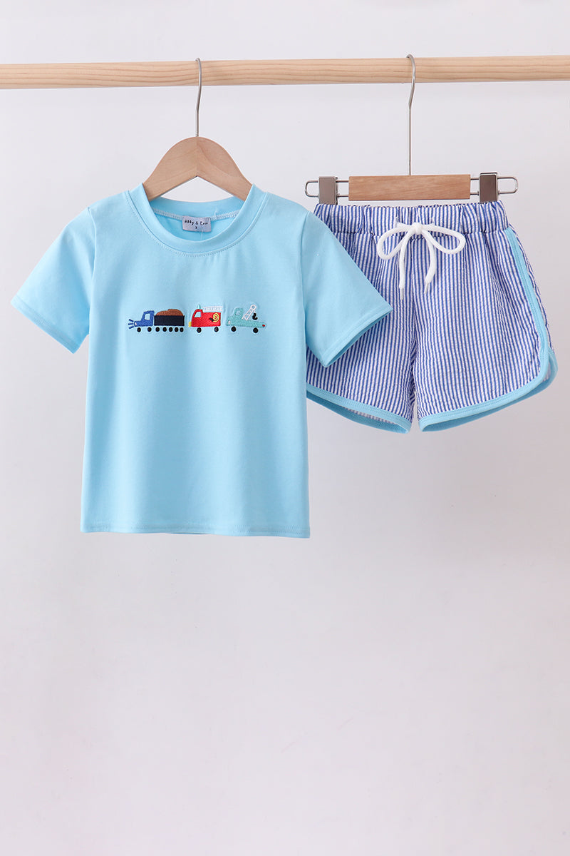 Blue truck embroidery seersucker shorts set