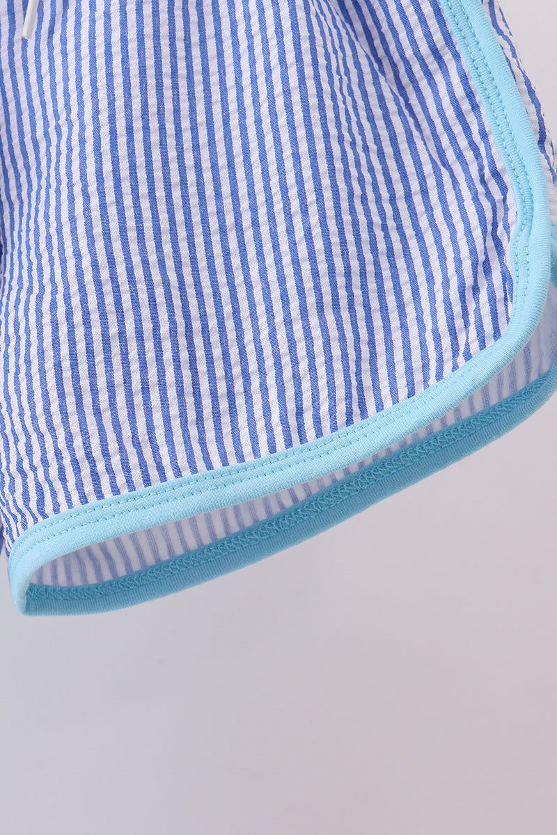 Blue truck embroidery seersucker shorts set