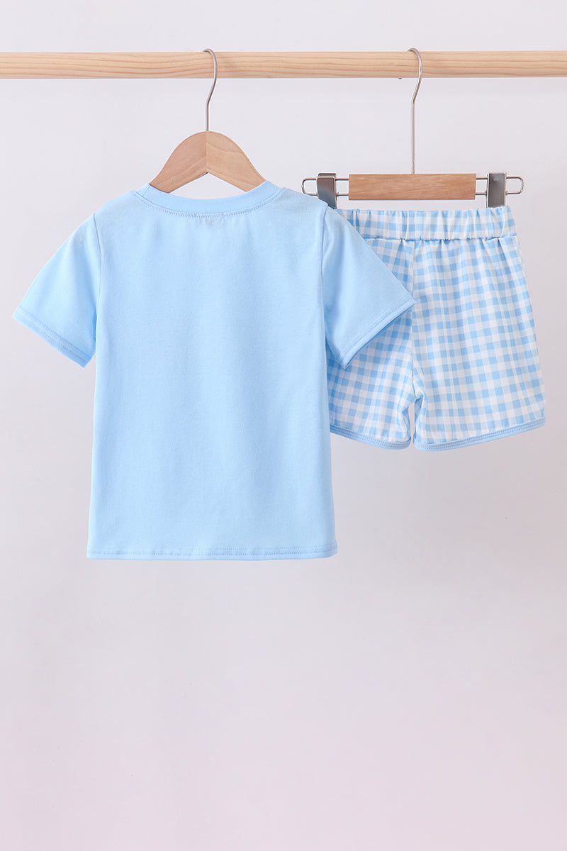 Blue I love MOMMY embroidery gingham shorts set