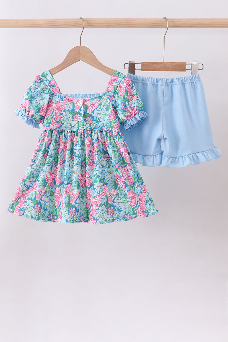 Blue I love MOMMY embroidery ruffle shorts set